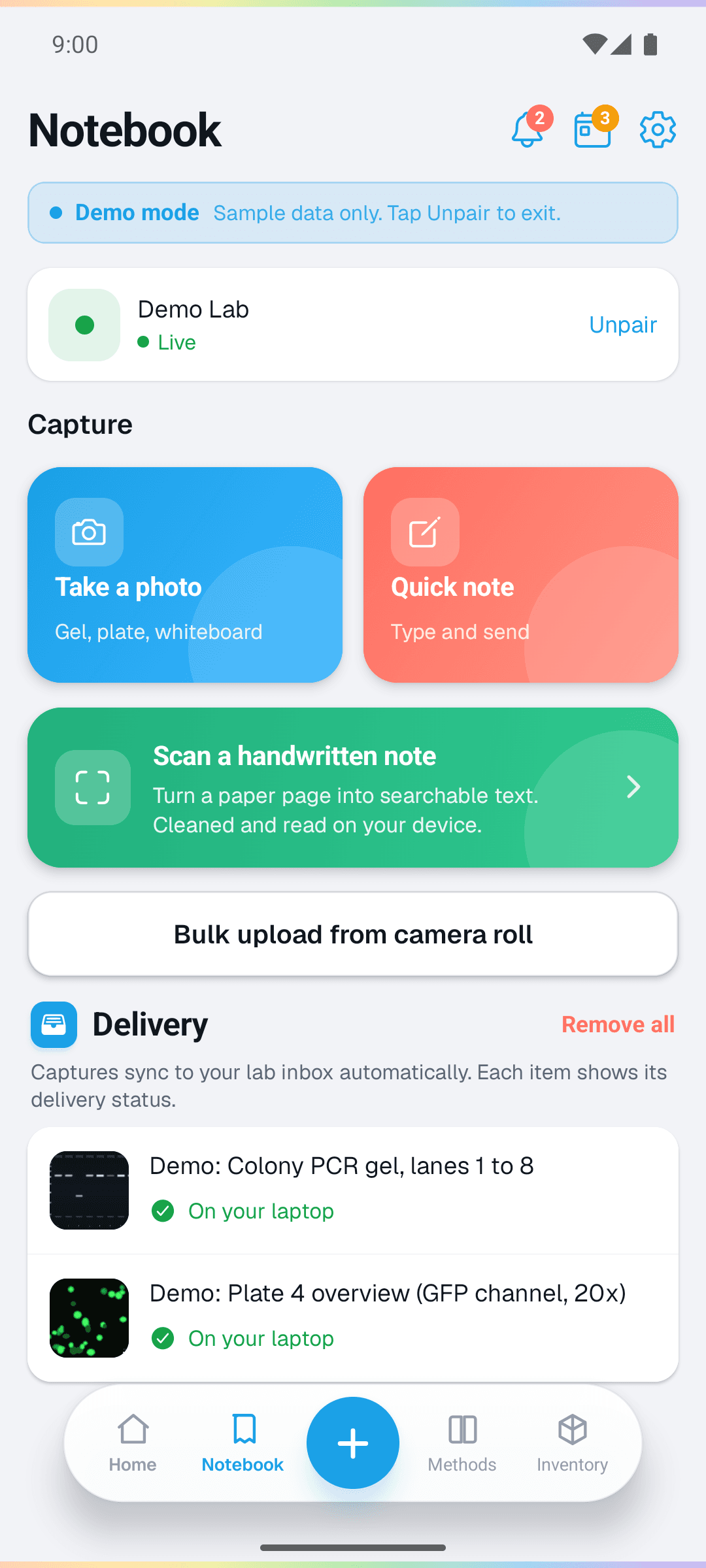 Android Notebook demo with photo, quick note, and handwritten-scan entry buttons
