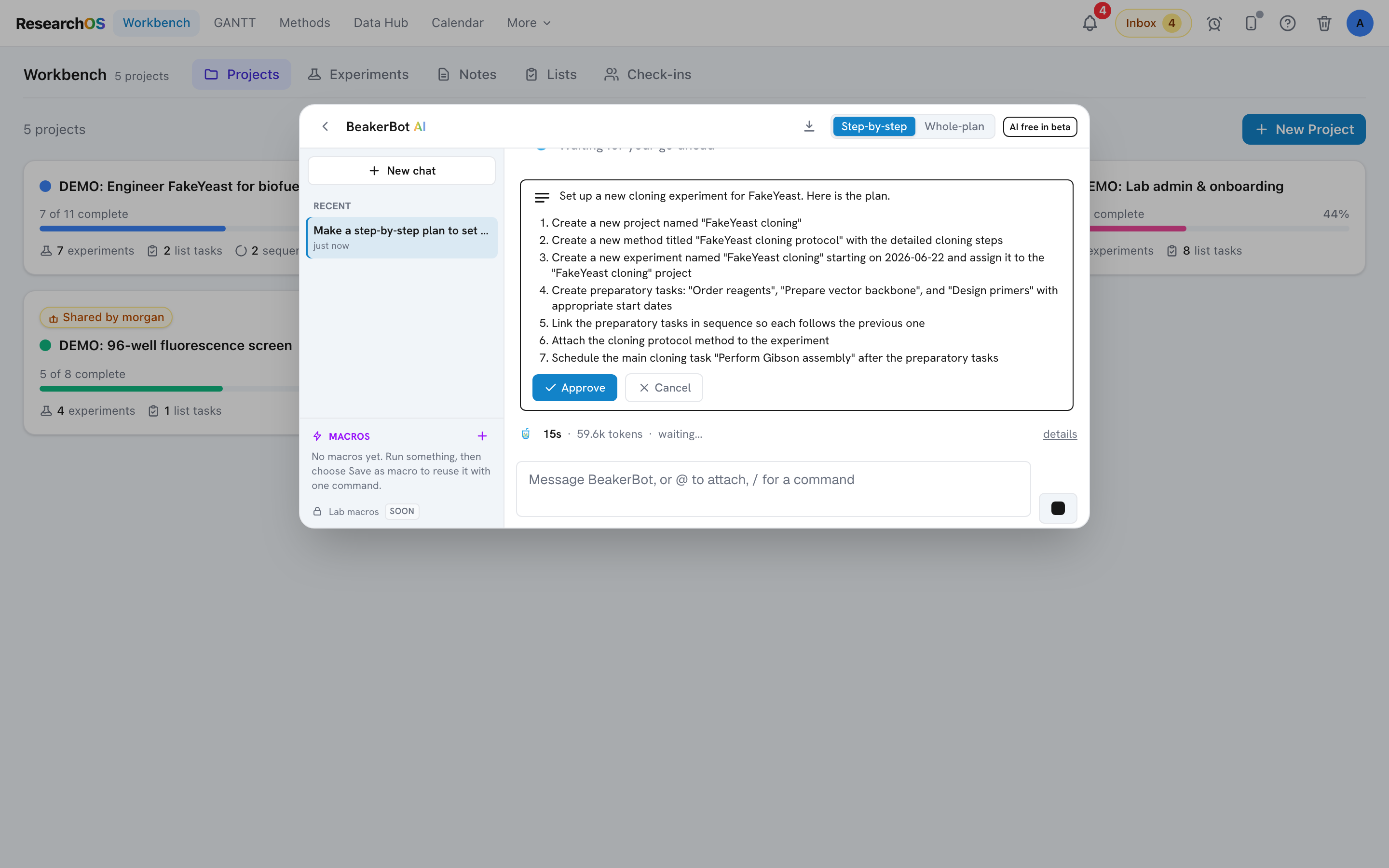 The BeakerBot plan card in the chat thread showing four steps, the first two marked done with green check icons, the third marked running with a spinning icon, and the fourth queued in muted text.