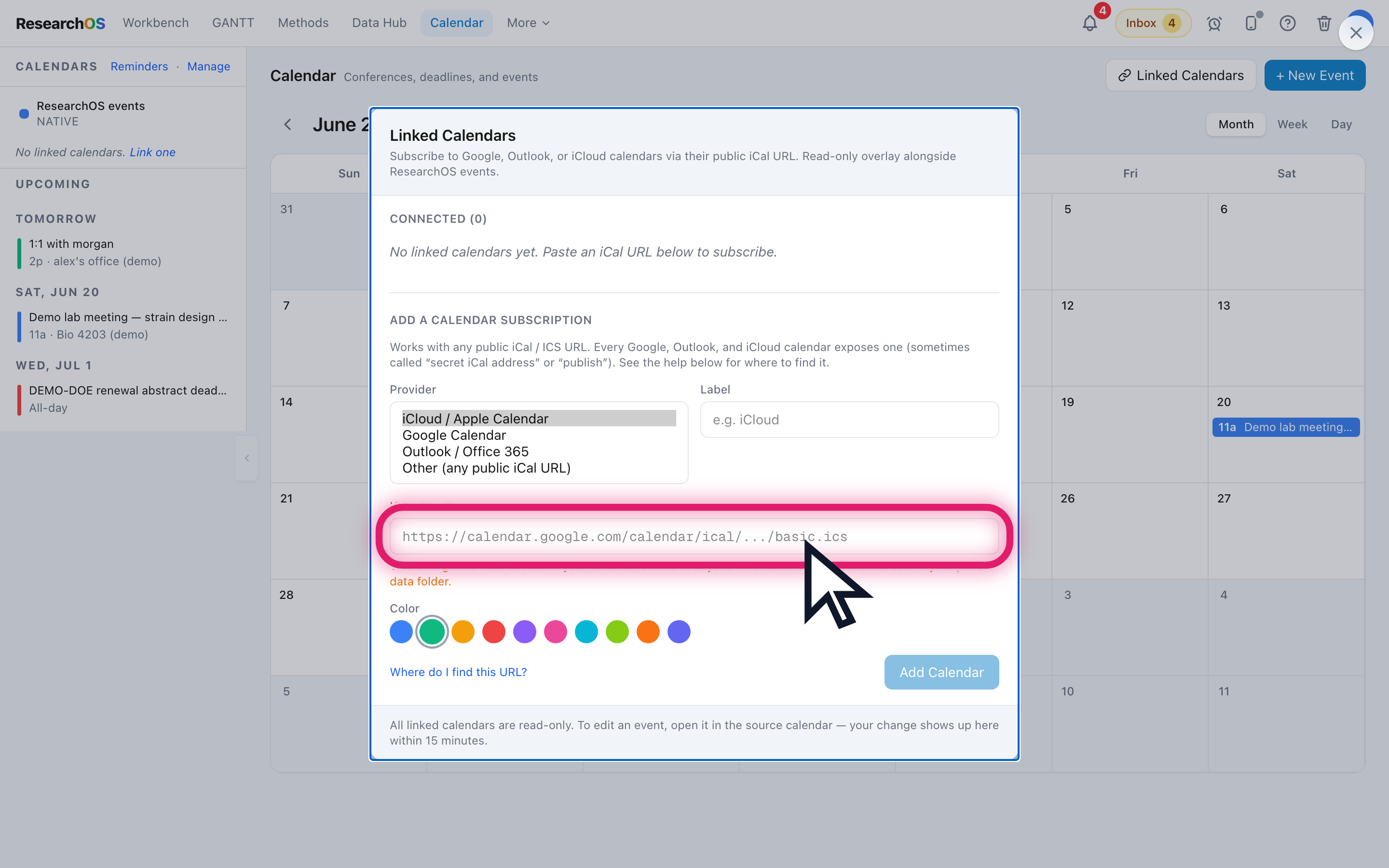 The Linked Calendars modal showing the Connected list at top and an iCal URL form below.