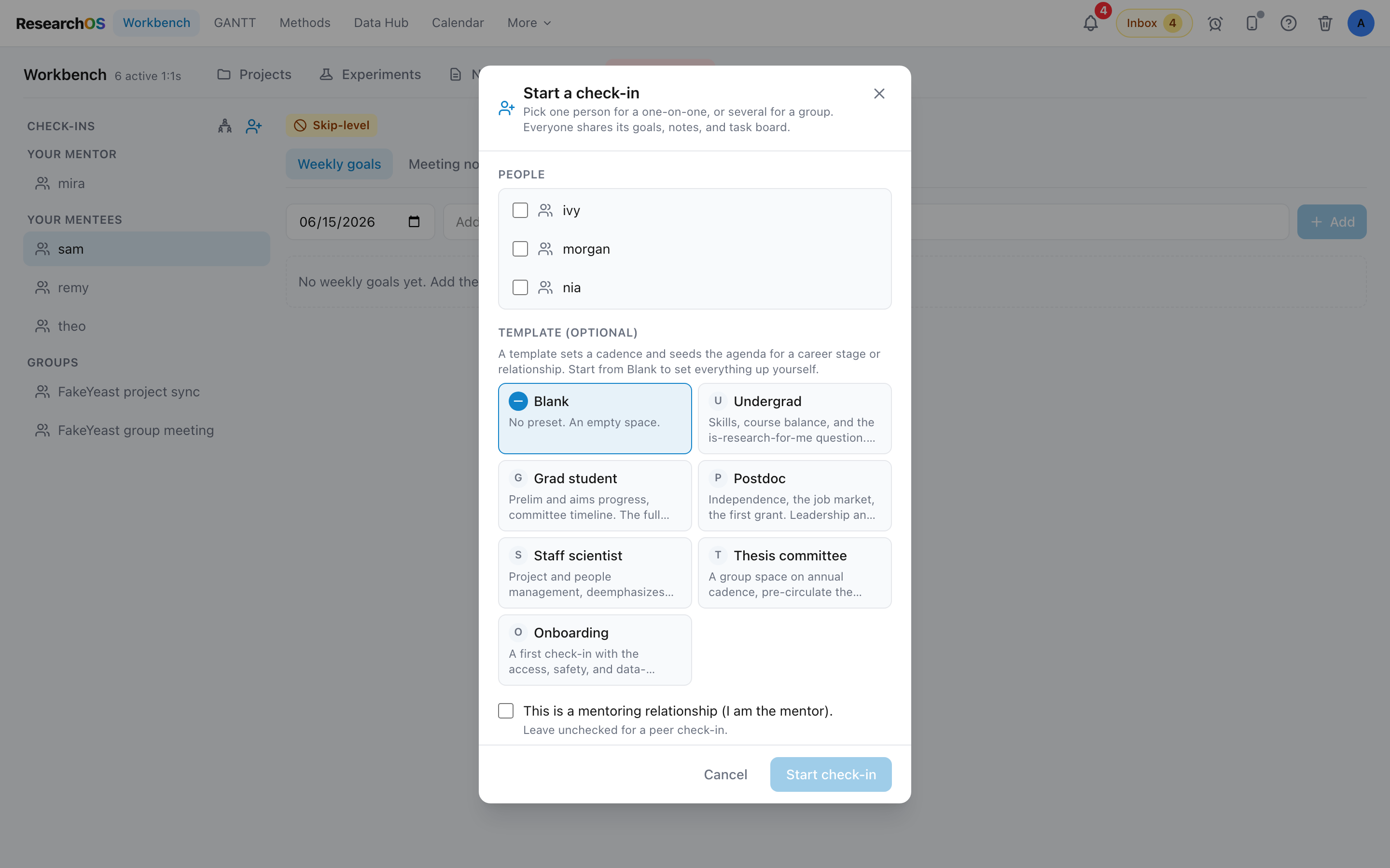 The Start a check-in dialog, with a person-picker field and a checkbox for marking yourself as the mentor in this relationship.