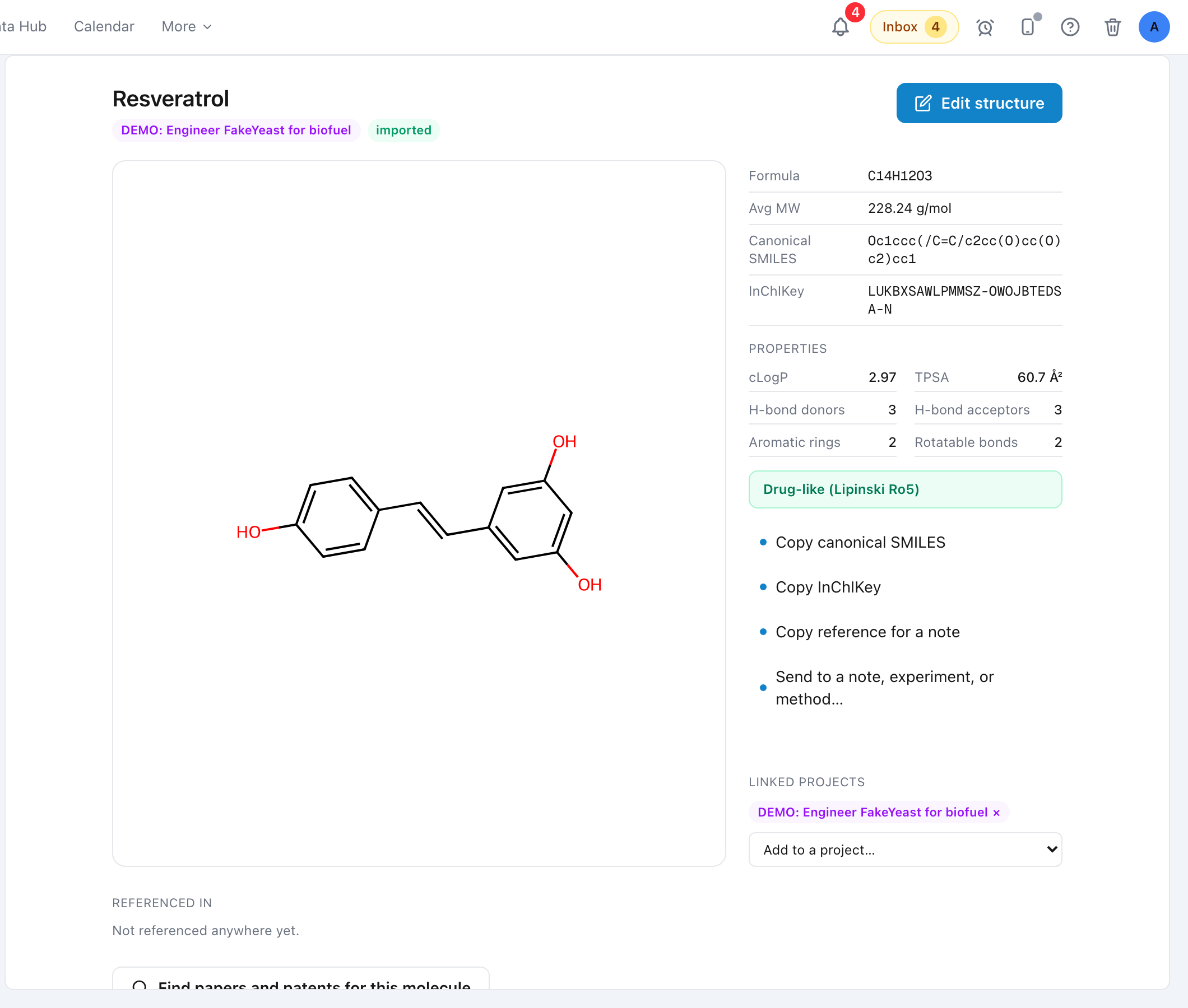 The molecule detail view showing a large structure depiction on the left, an identity table with formula, average molecular weight, canonical SMILES, and InChIKey on the right, copy actions beneath, and a linked-projects section.