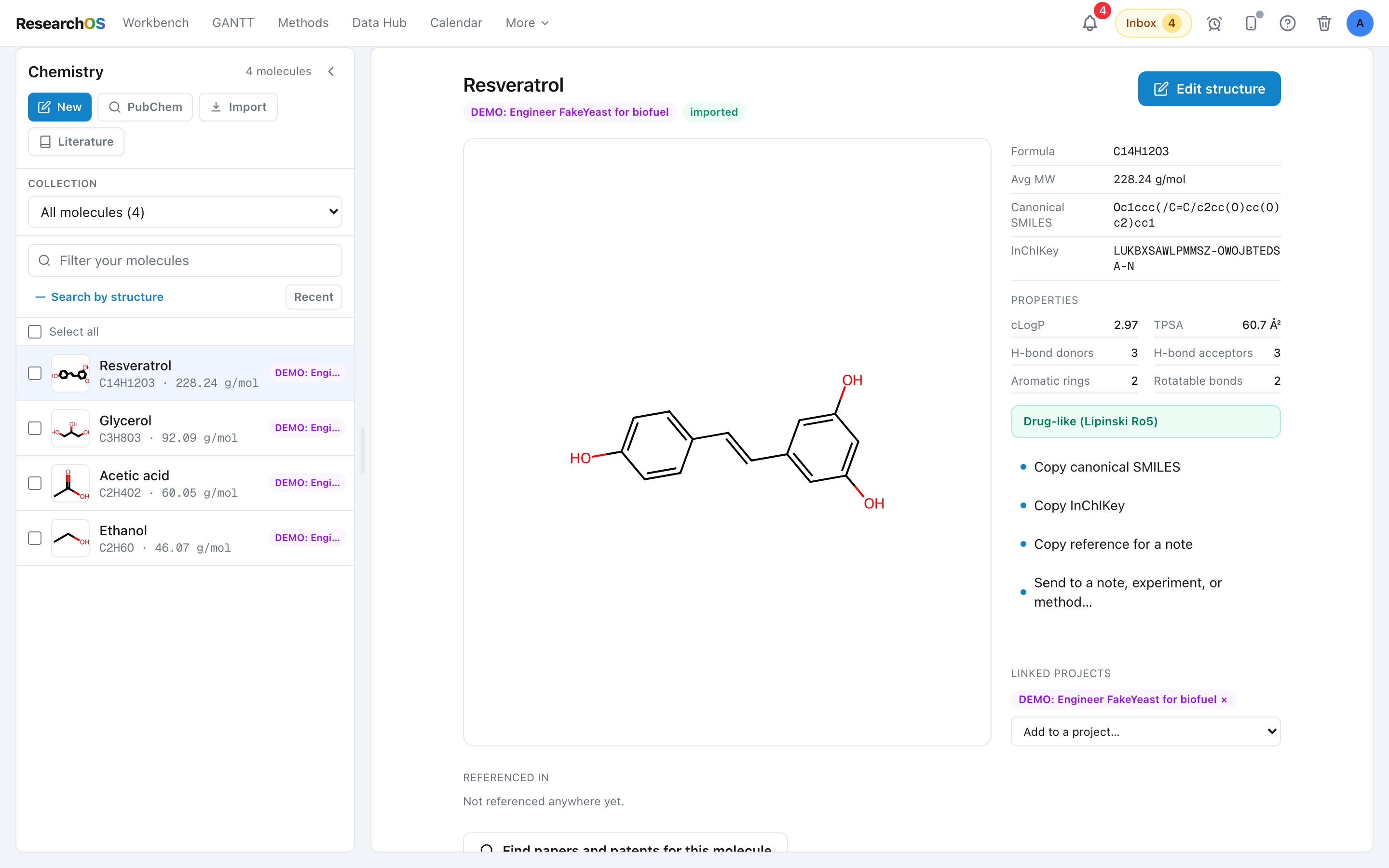 The Chemistry workbench showing the molecule library rail on the left, a list of molecules with structure thumbnails, and a selected molecule's detail view on the right with its structure depiction and identity facts.