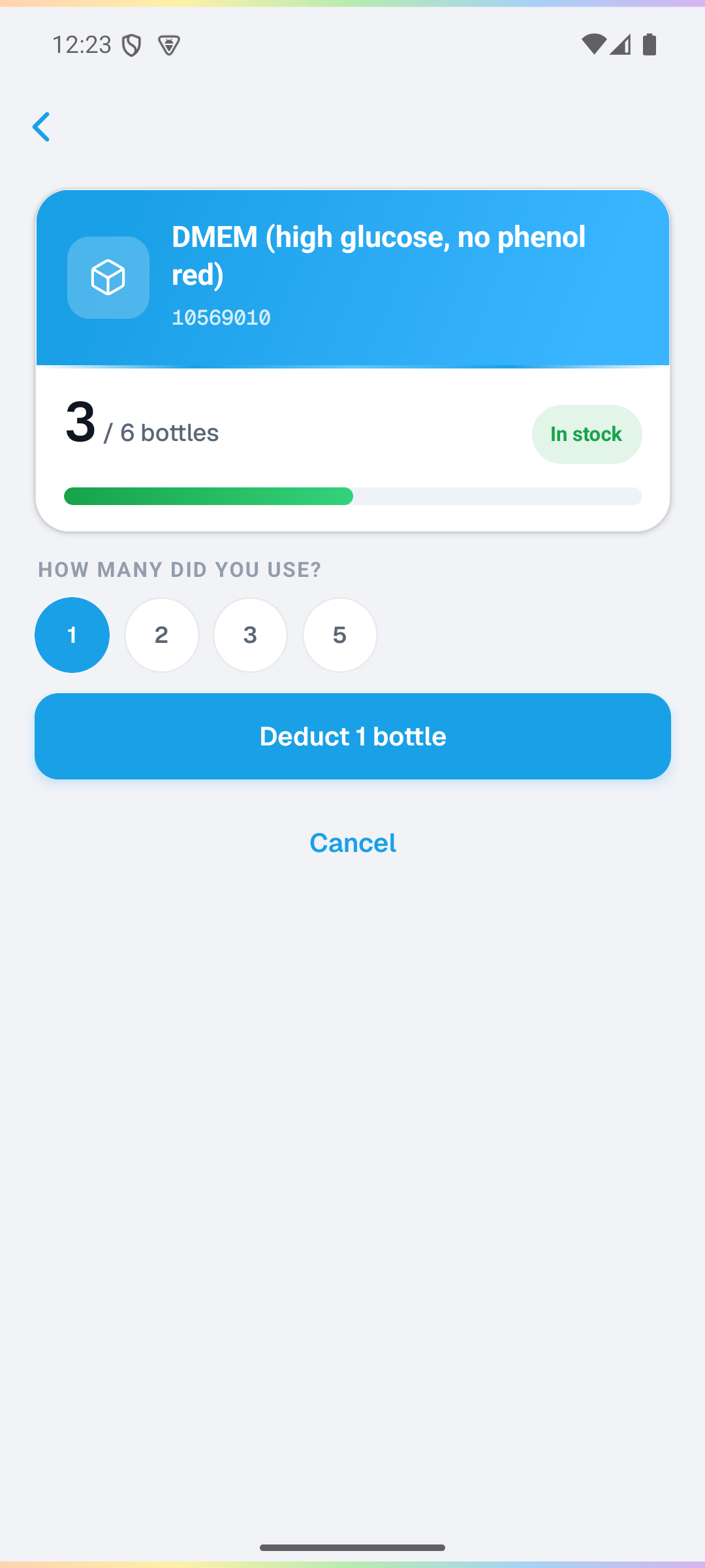 The Companion scan flow on a phone: the camera viewfinder with corner bracket reticle framing a barcode, then the matched tracked-item card showing remaining units, a stock bar, and Deduct and Low, reorder ASAP buttons.