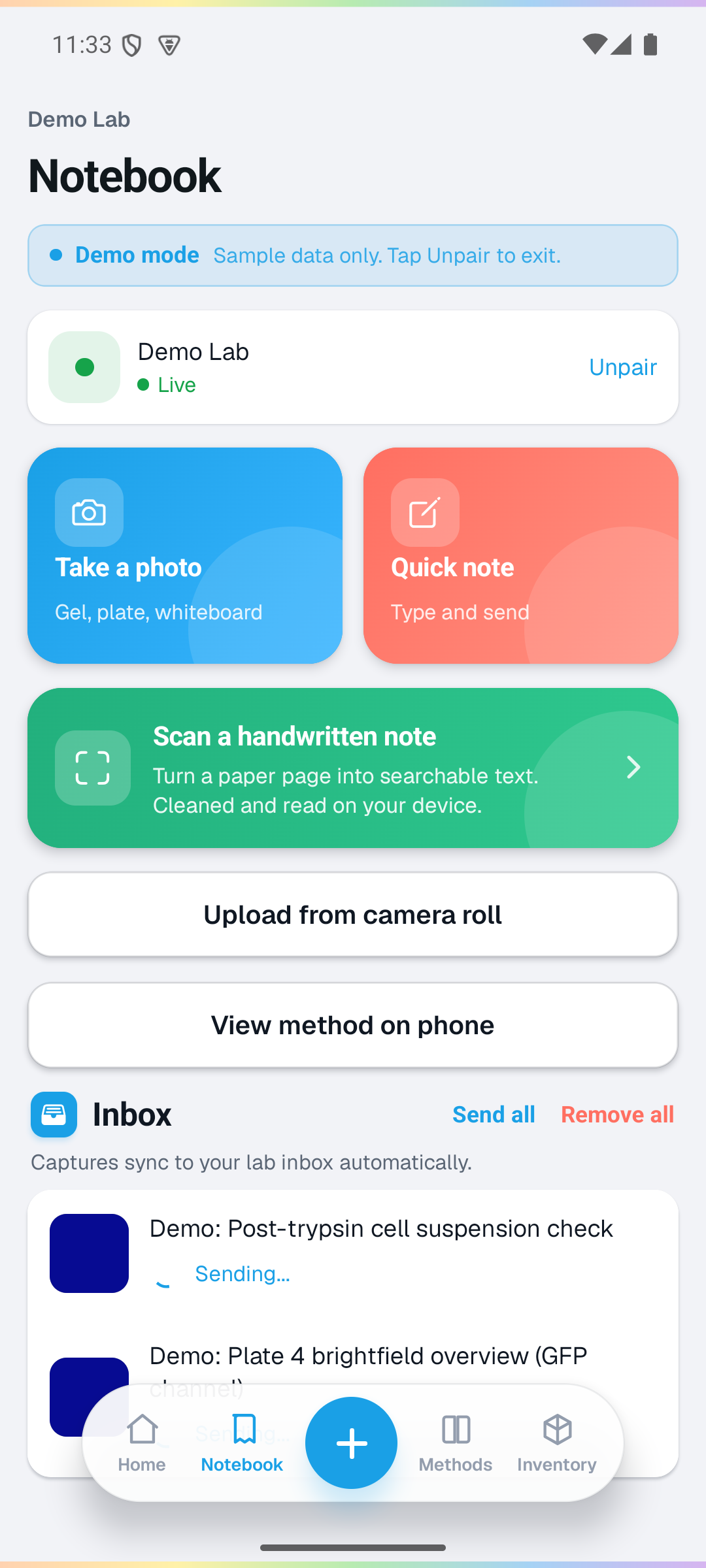 The Companion Notebook tab on a phone showing the View method on phone button, which opens the focused experiment's method in the big-text read mode.