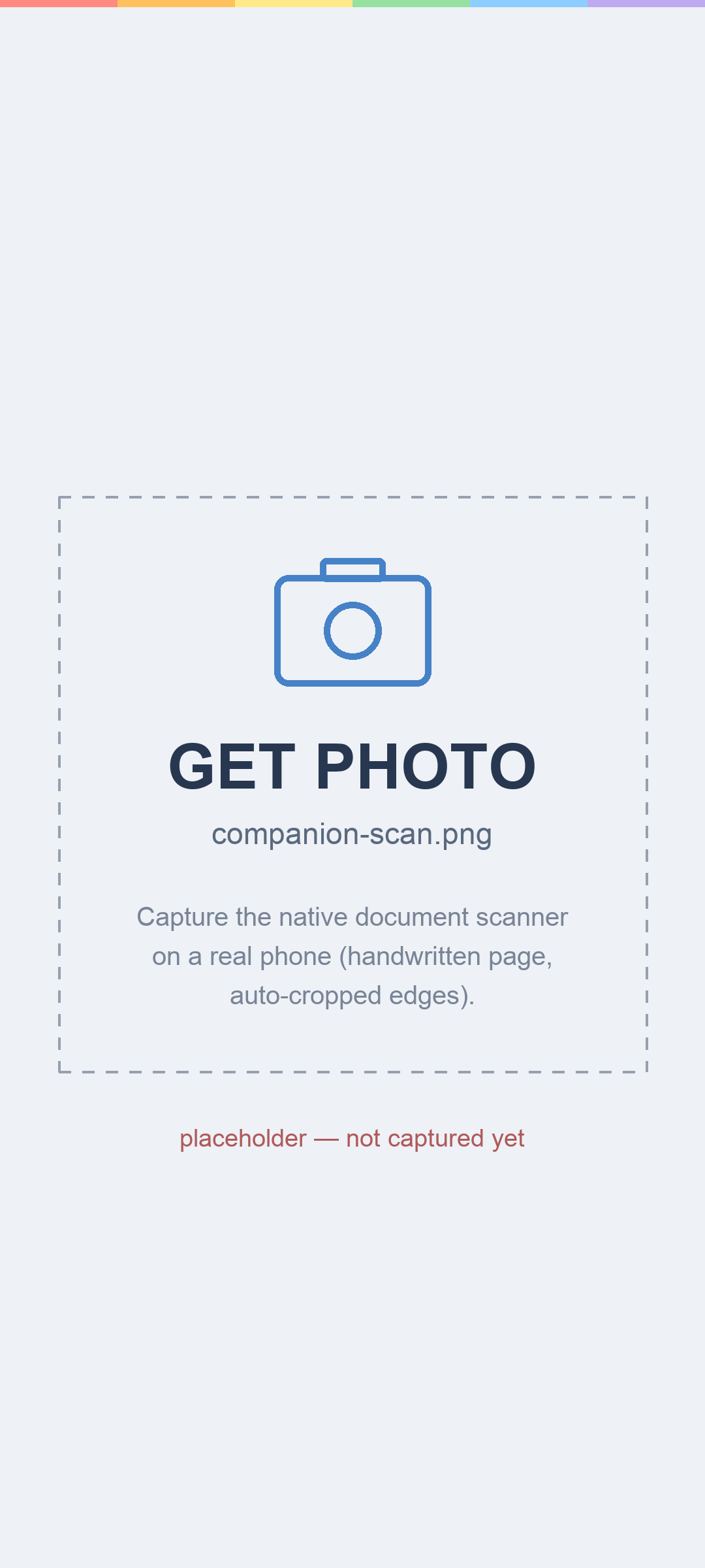 The Companion document scanner on a phone, with a handwritten notebook page detected and its edges auto-cropped, ready to capture.