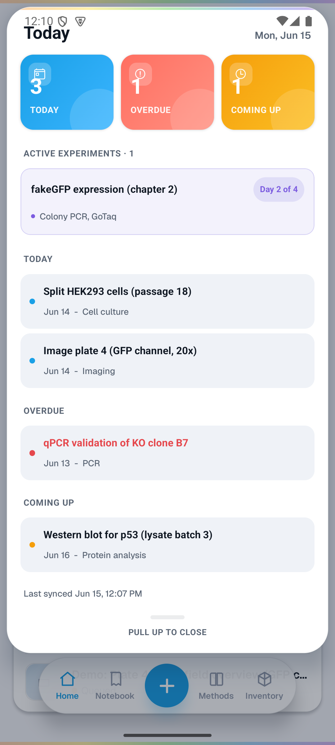 The TodayPanel overlay on a phone, showing three stat tiles (Today count, Overdue count, Coming up count), then grouped color-ticked task rows for overdue, today, and upcoming items, with a drag handle at the bottom.