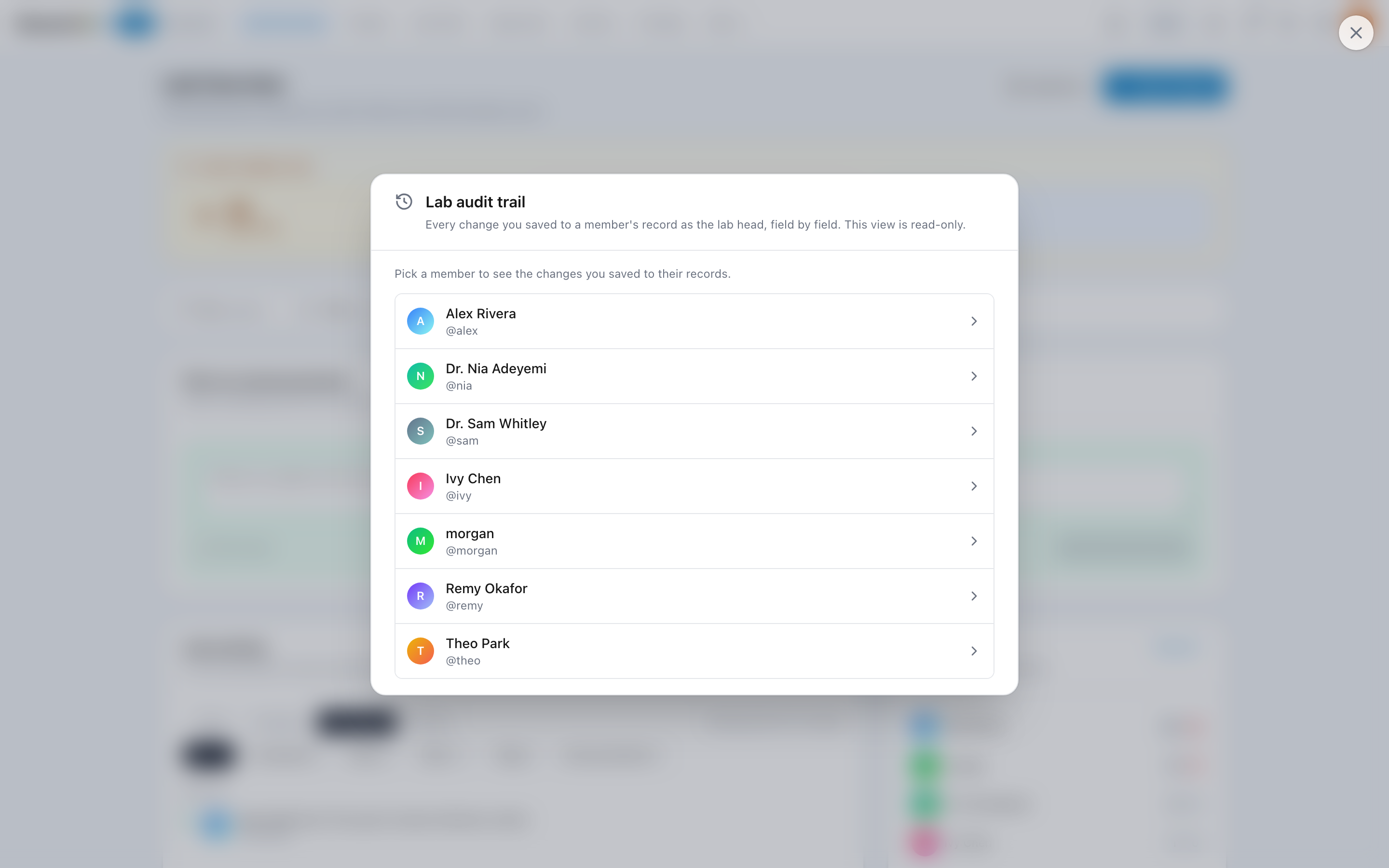 The Audit trail viewer popup showing a list of per-field edit rows with actor, record type, field path, old value, new value, and timestamp columns.