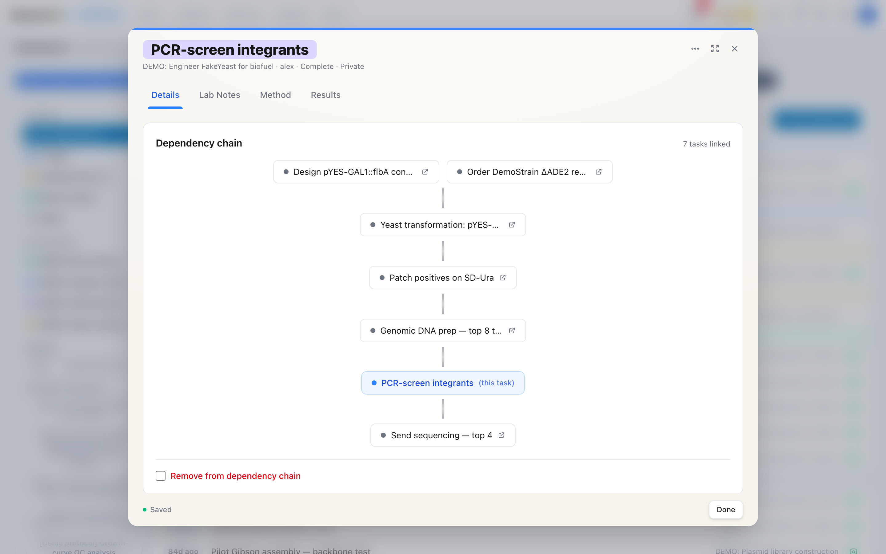 An experiment popup with the comments rail docked open on the right, showing a threaded conversation with one reply indented, while the experiment dependency chain stays in view on the left.