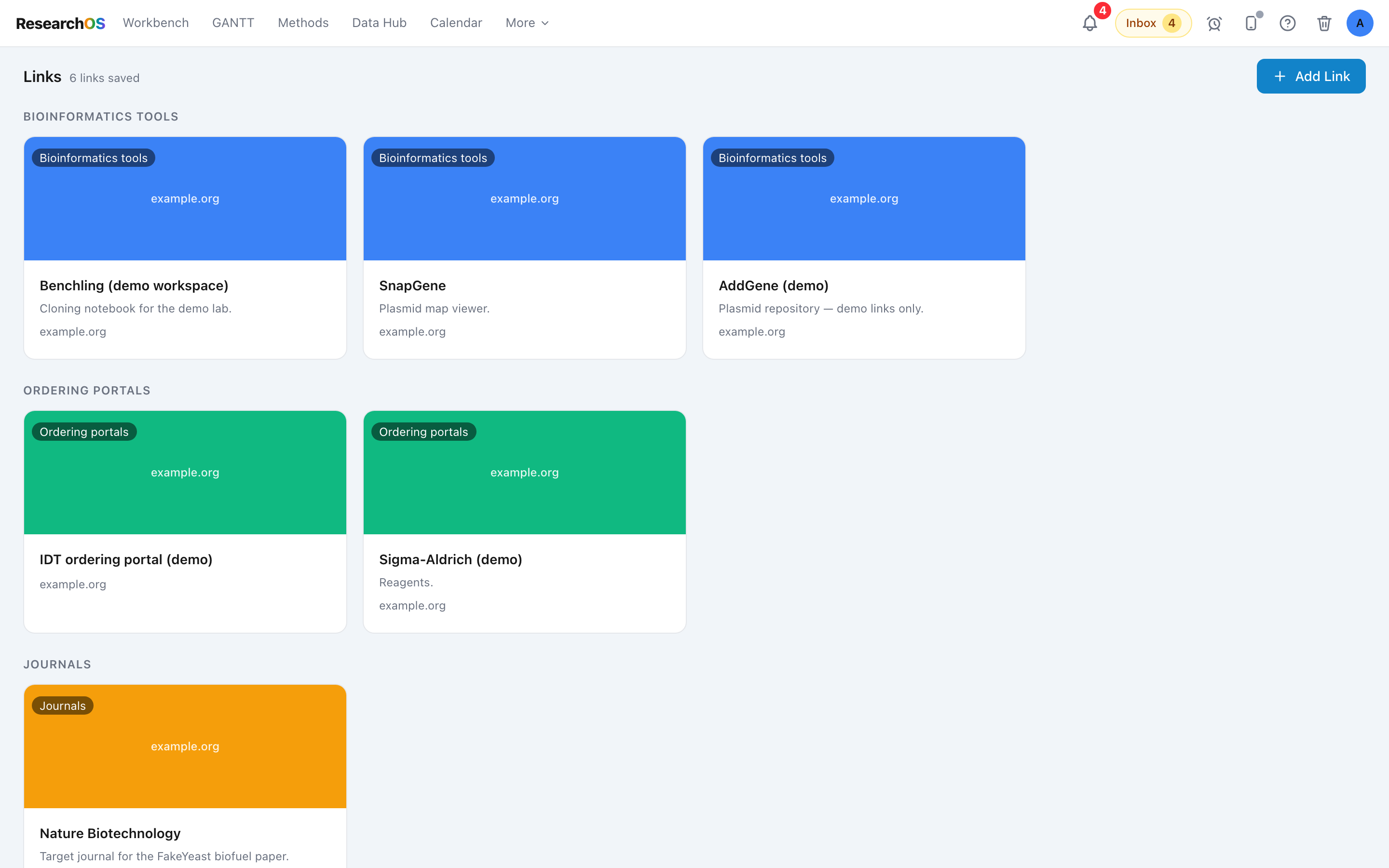 The Links page showing link cards grouped into category sections, each card with a preview image and a title underneath.