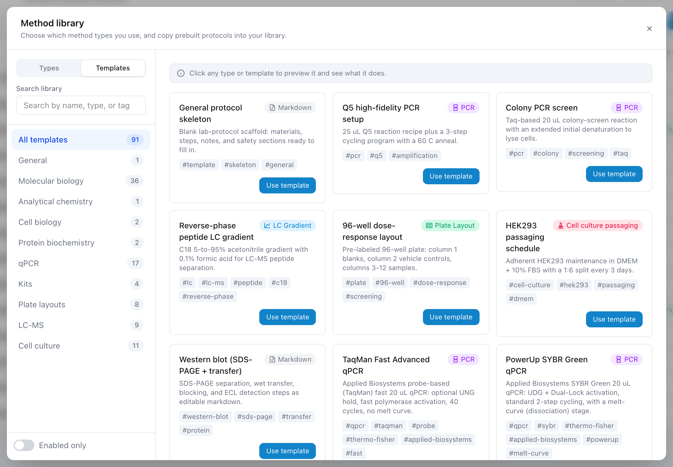 A template detail pane showing the structured protocol body, the method-type pill, the destination-category control reading Will be added to, and the Use template button.