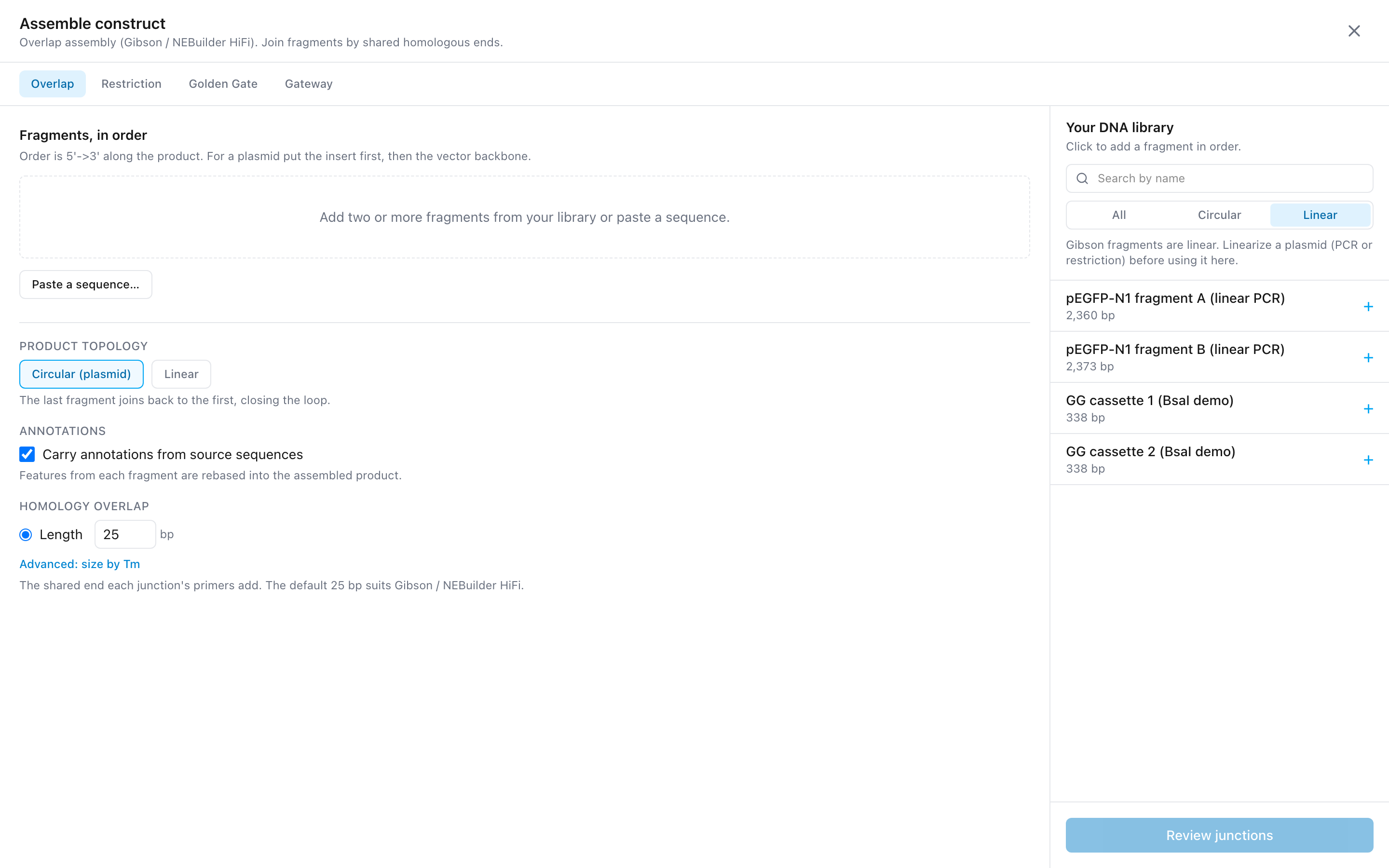 The Cloning Workspace open over the Sequences library, showing the four method tabs (Overlap, Restriction, Golden Gate, Gateway) across the top, a fragments-in-order panel on the left, and the DNA library on the right.