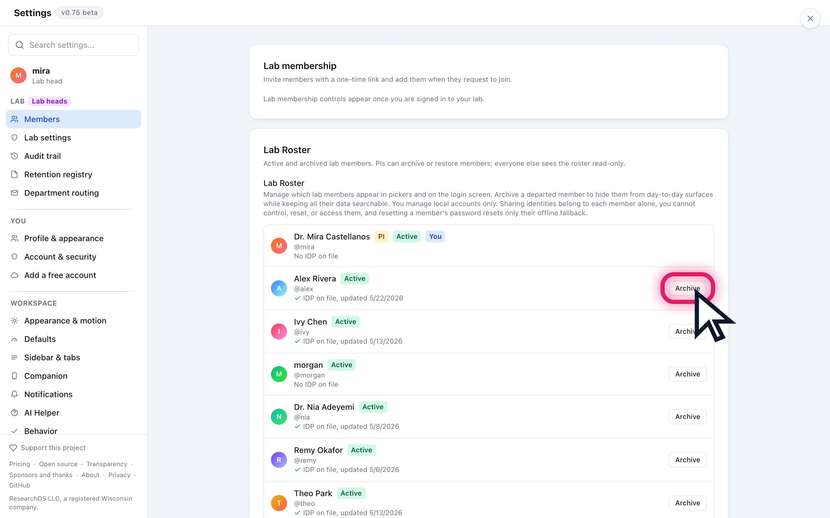 The Members section showing the cloud lab roster with an invite link and pending join requests, and below it the folder roster with archive and restore controls.