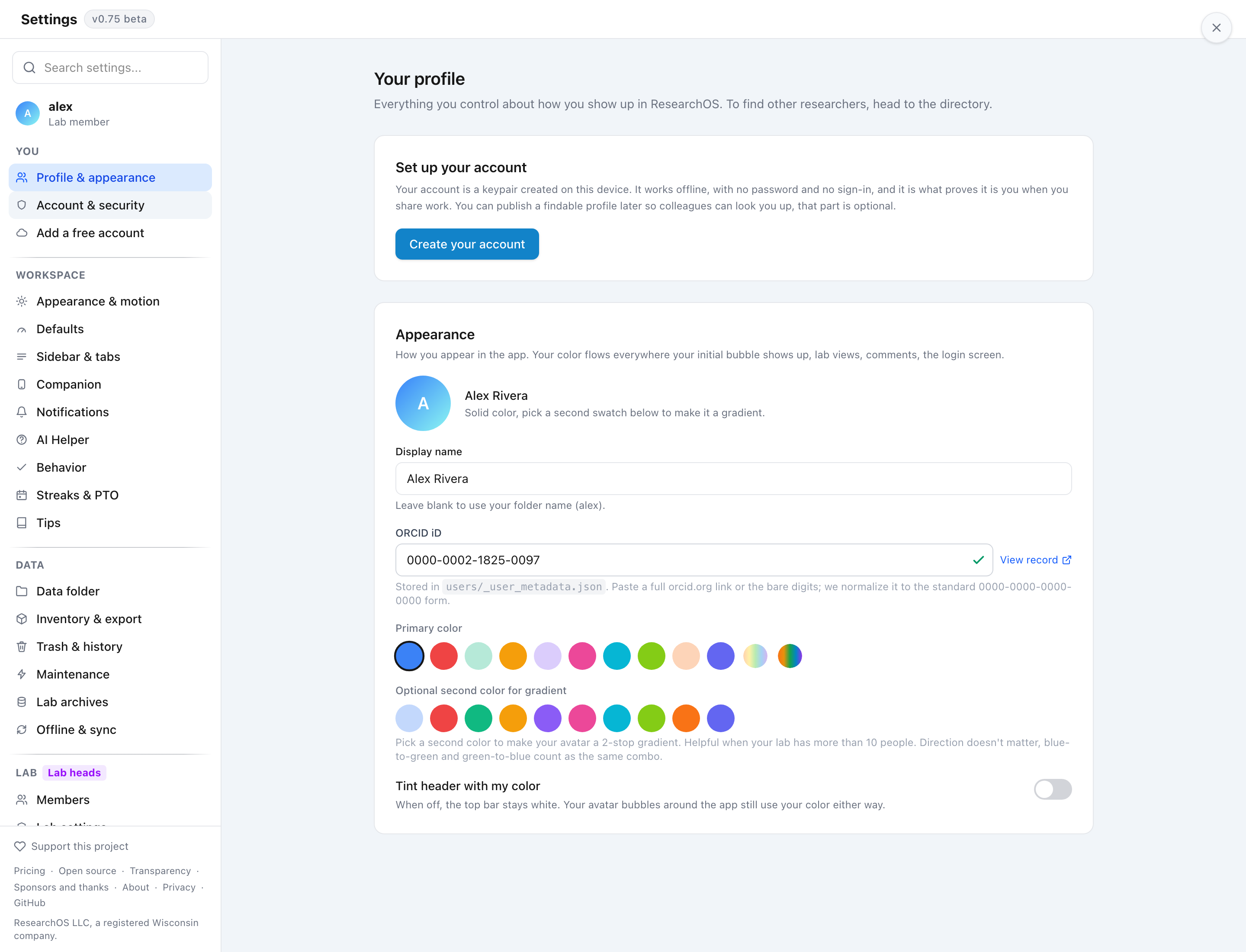 The Settings page showing the left navigation rail with groups You, Usage and billing, Workspace, and Data, and a section pane on the right with Profile and appearance open.
