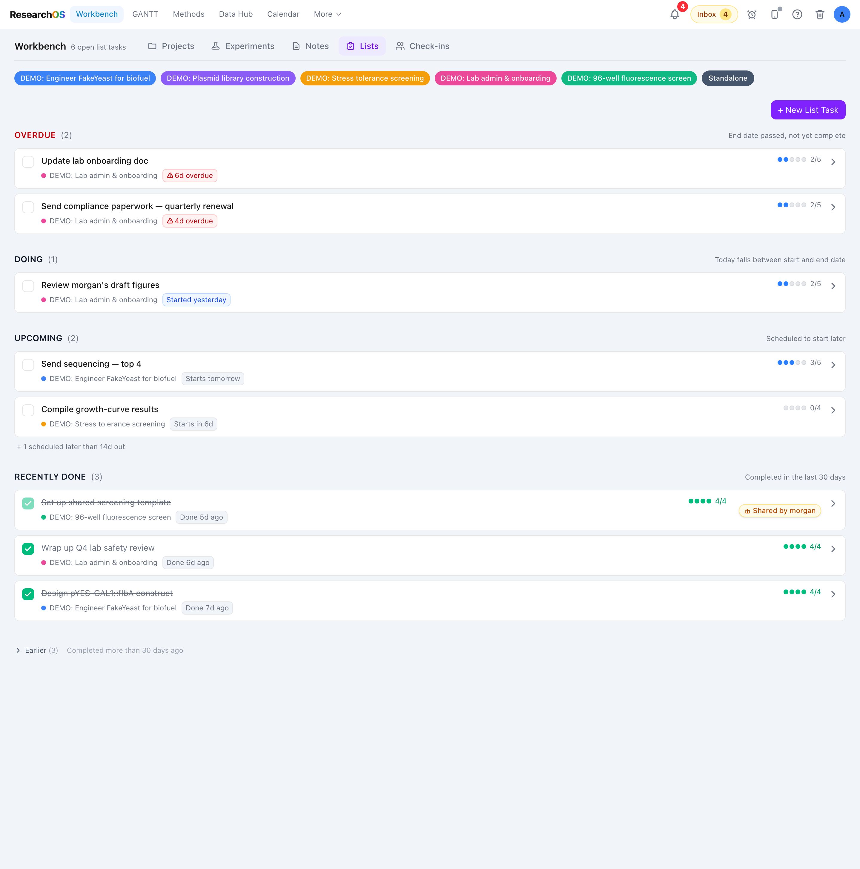 The Lists tab with five stacked sections (Overdue, Doing, Upcoming, Recently done, Earlier), each with list-task cards underneath.